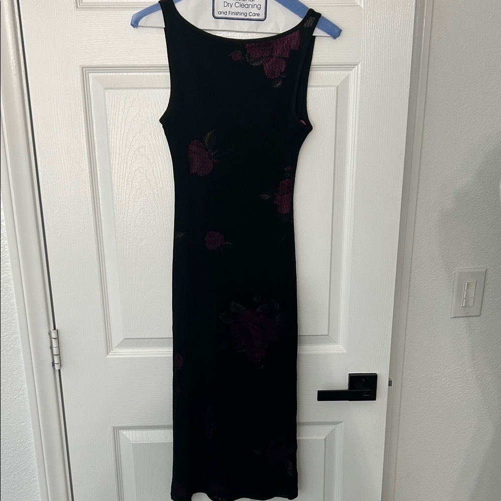 bebe Black Midi Dress with Fushia Floral Accents